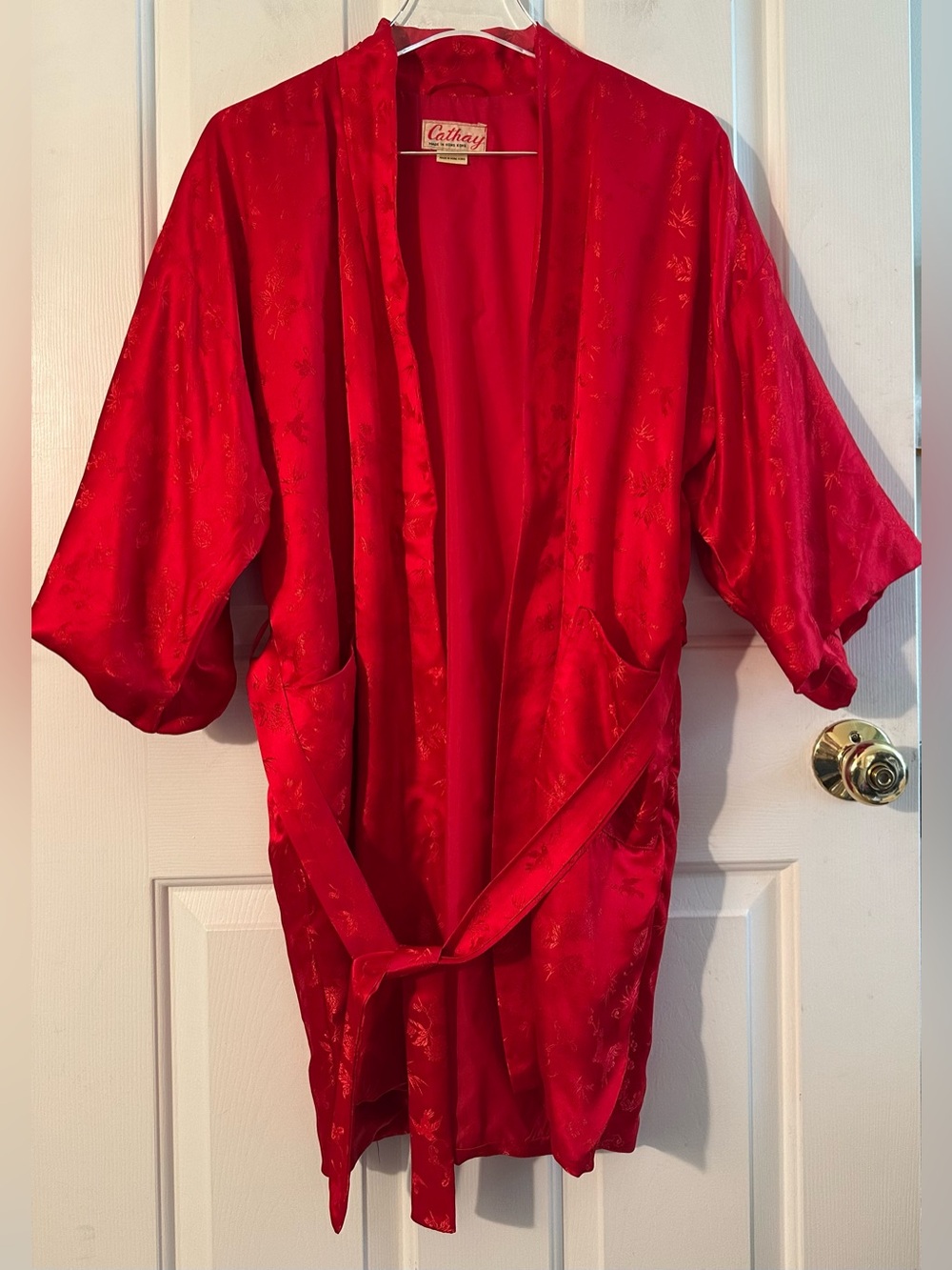 VINTAGE 80’s 90’s 100% Silk Red Jacquard Kimono Robe Belted Hong Kong Loungewear